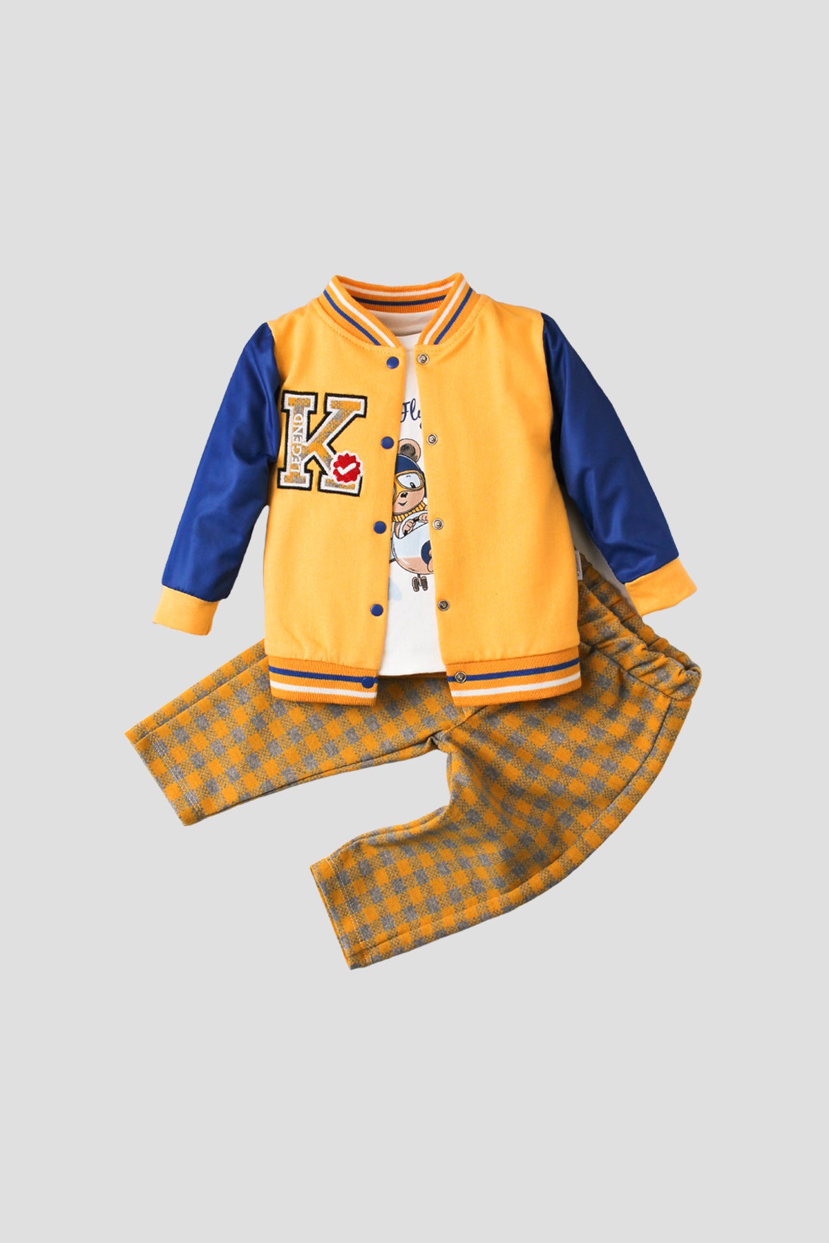 Bebek Kolej Ceketli Ekose Pantolonlu Unisex 3'lü Takım 9-24 Ay